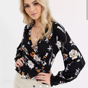 Free People Saturday Night Black Floral Print Long Sleeve Wrap Top, XL